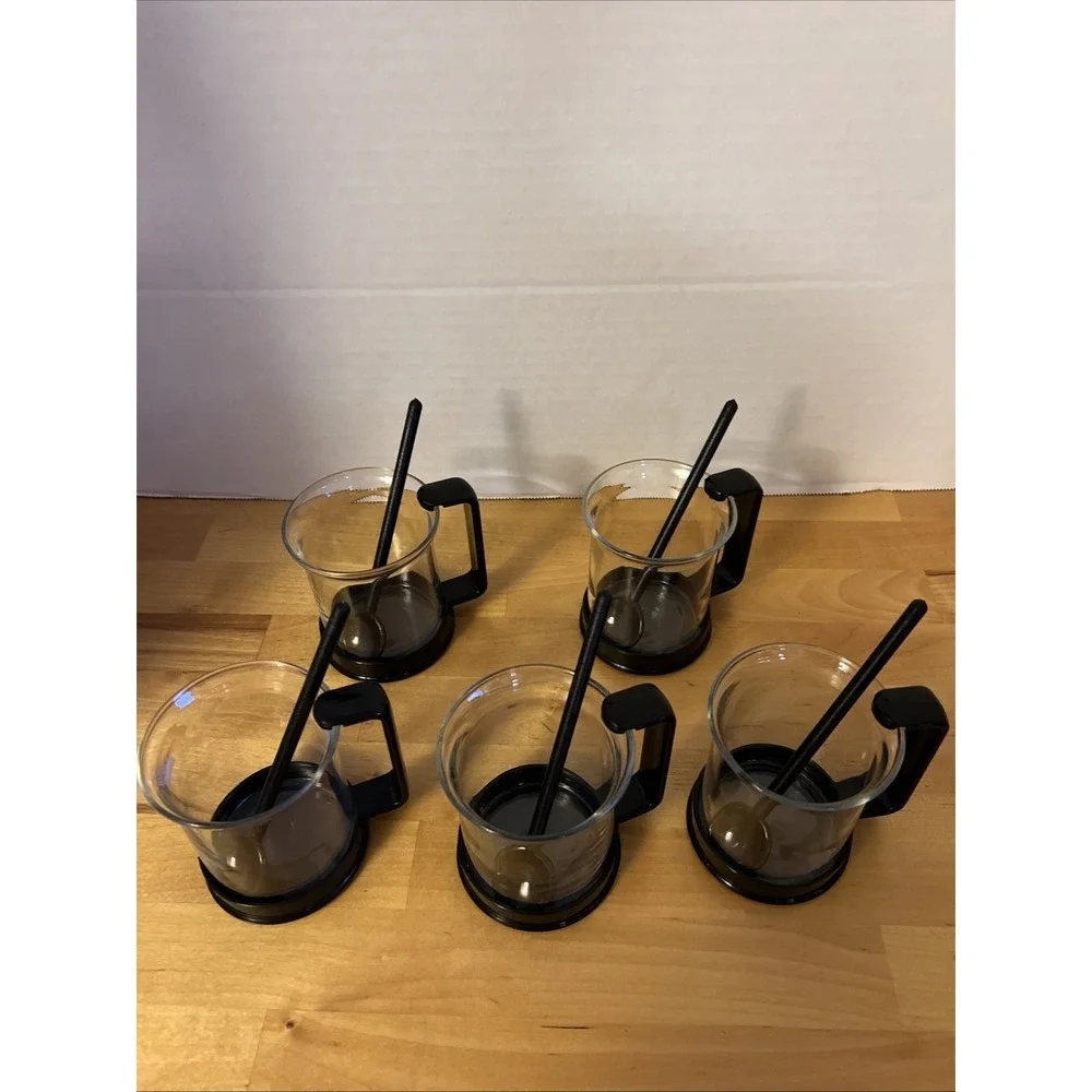 5 bodum Glass Black Handle Mug Coffee Tea Switzerland Snap-On Handle With Spoons